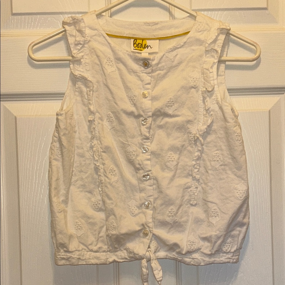 Boden Girls Sleeveless Button & Tie Blouse with Embroidered Strawberries 🍓